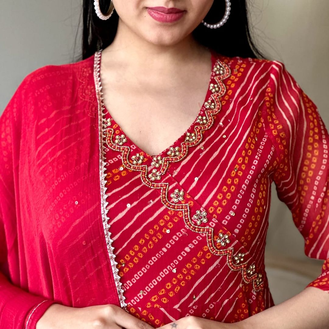 Anarkali Kurta Set With Angrakha Style For Women(Red)