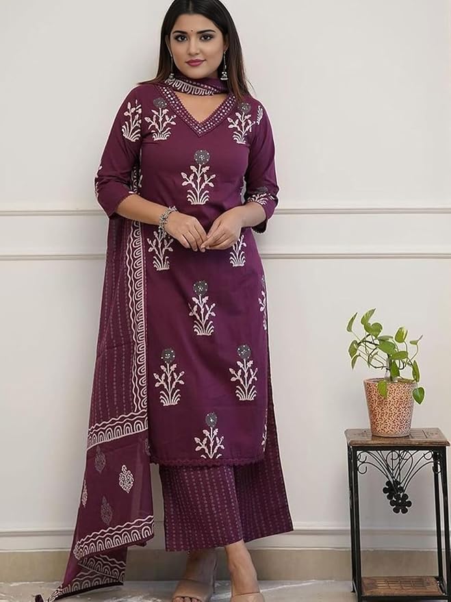 Beautiful Pure Cotton Straight Kurti And Palazzo With Dupatta For Women