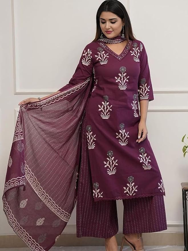 Beautiful Pure Cotton Straight Kurti And Palazzo With Dupatta For Women
