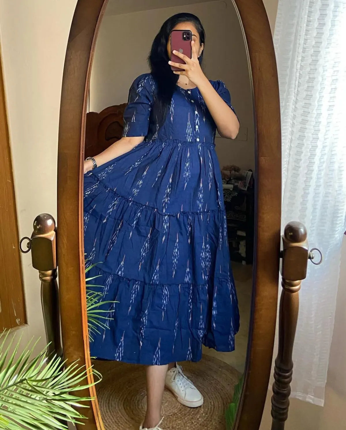 Kurta Blue Ikat Cotton Flair Middy Gown For Women