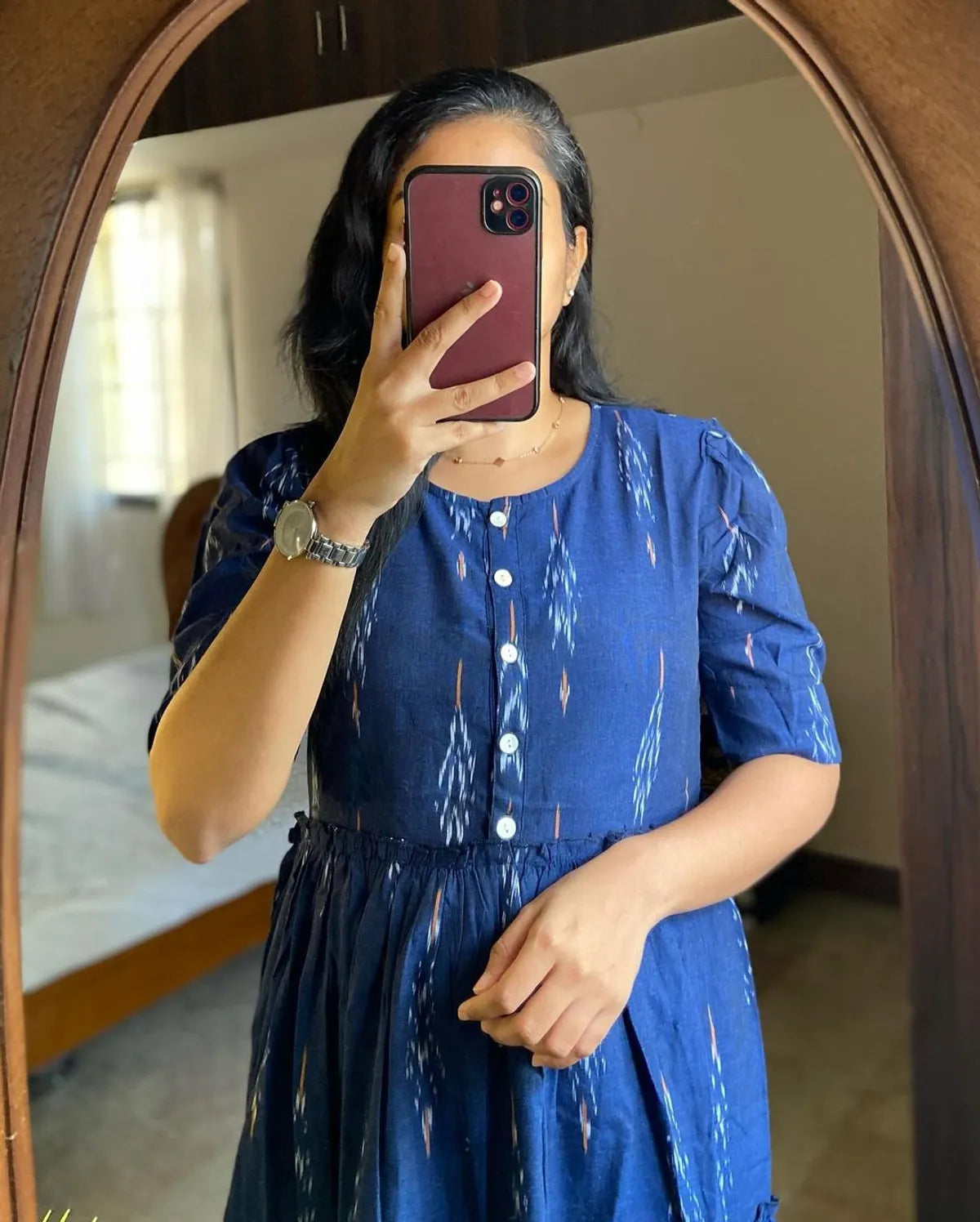 Kurta Blue Ikat Cotton Flair Middy Gown For Women