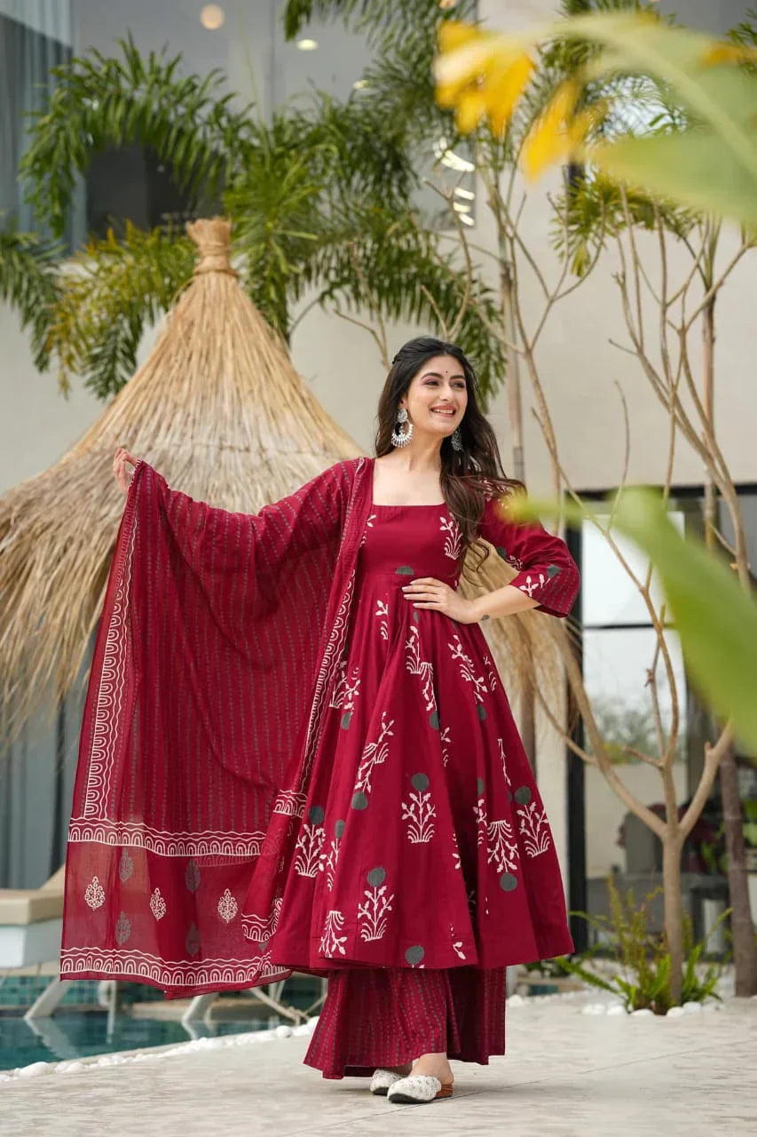 Anarkali Discharge Print cotton Kurta set