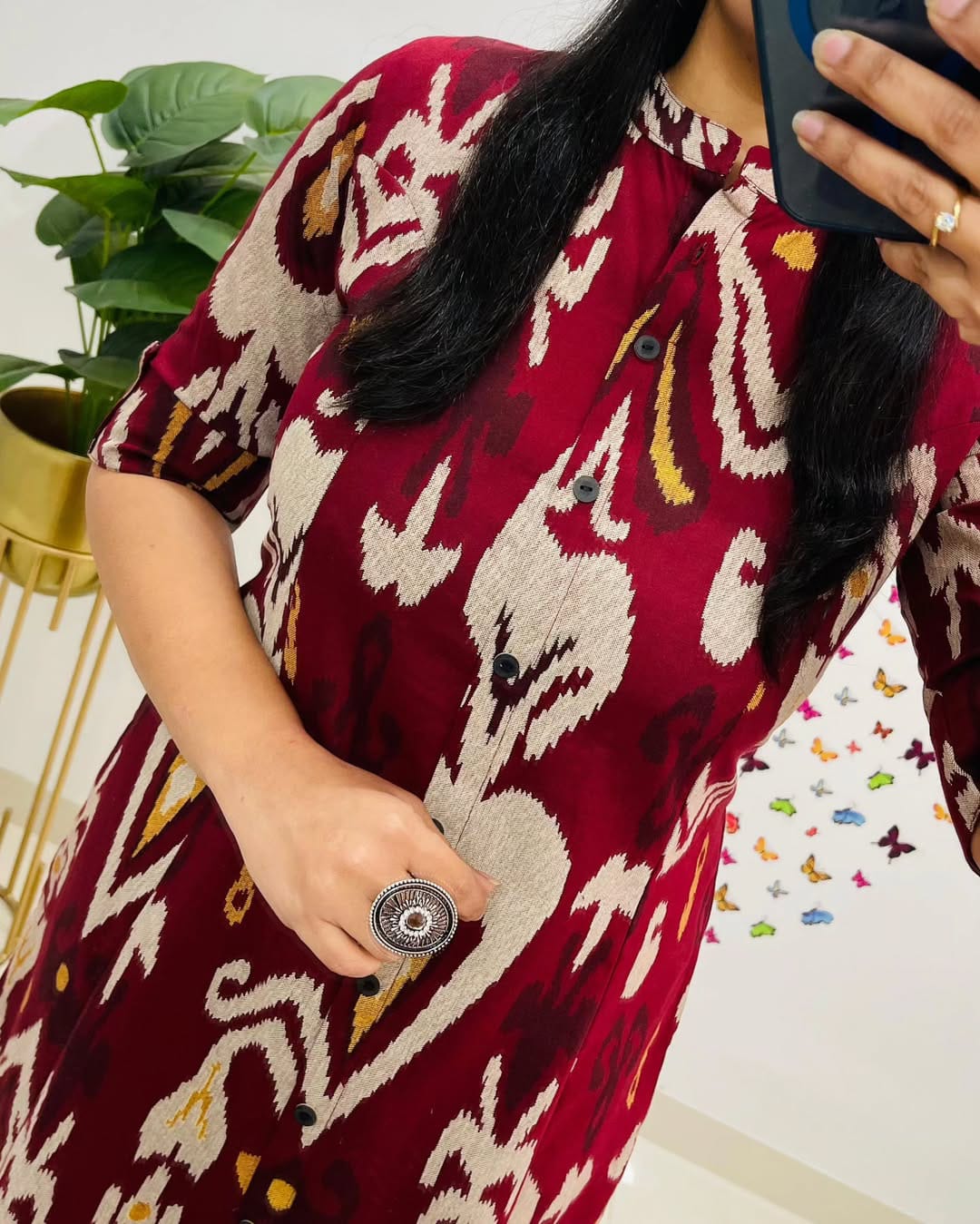 Stylish Maroon Ikat Printed Cotton Kurta Set