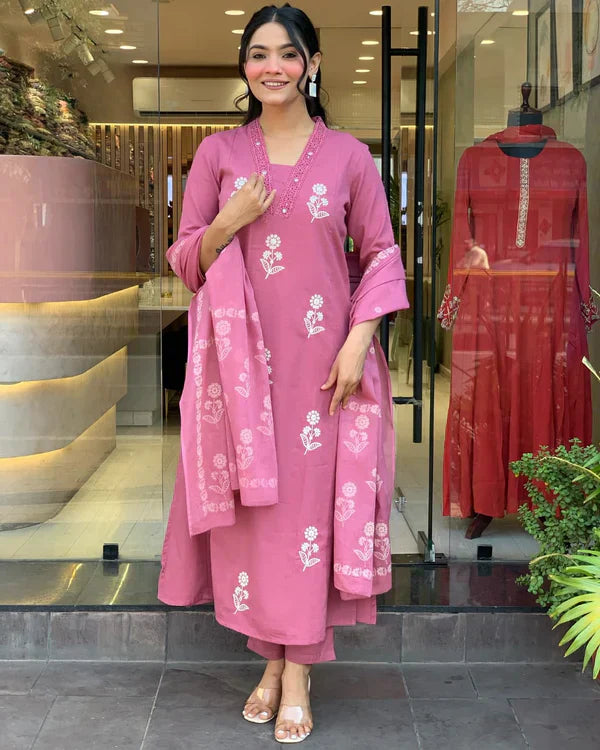 Charming Rose Pink Floral Embroidered Cotton Suit Set
