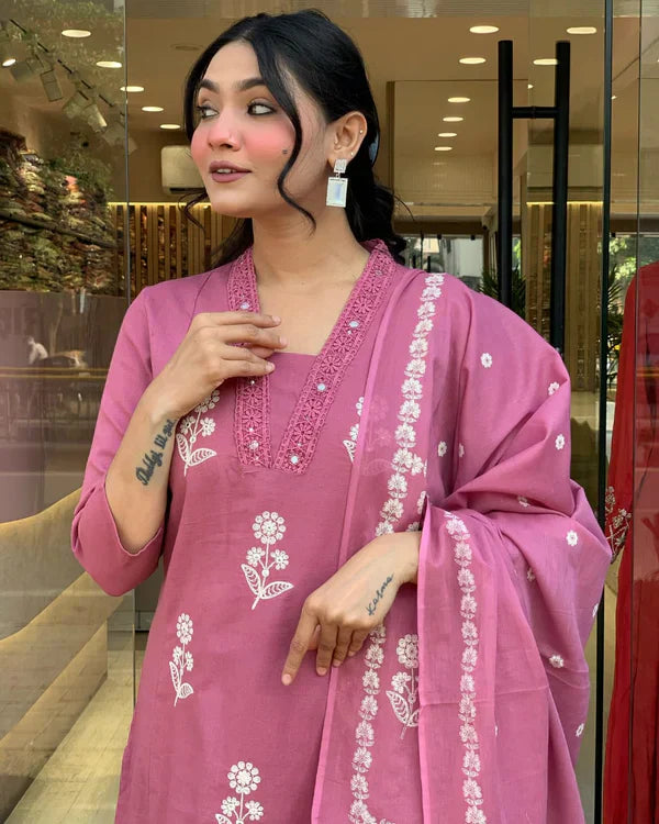 Charming Rose Pink Floral Embroidered Cotton Suit Set