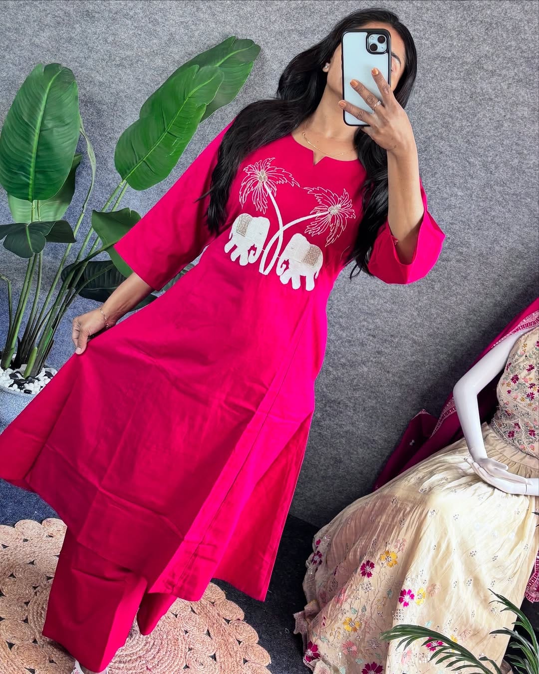 Bold Fuchsia Kurta with Elephant Embroidery