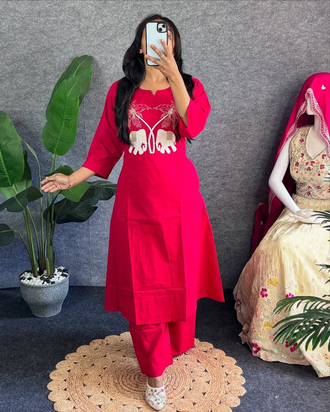 Bold Fuchsia Kurta with Elephant Embroidery