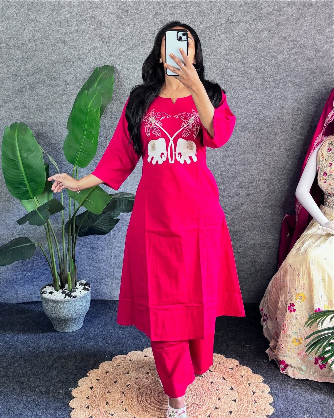 Bold Fuchsia Kurta with Elephant Embroidery