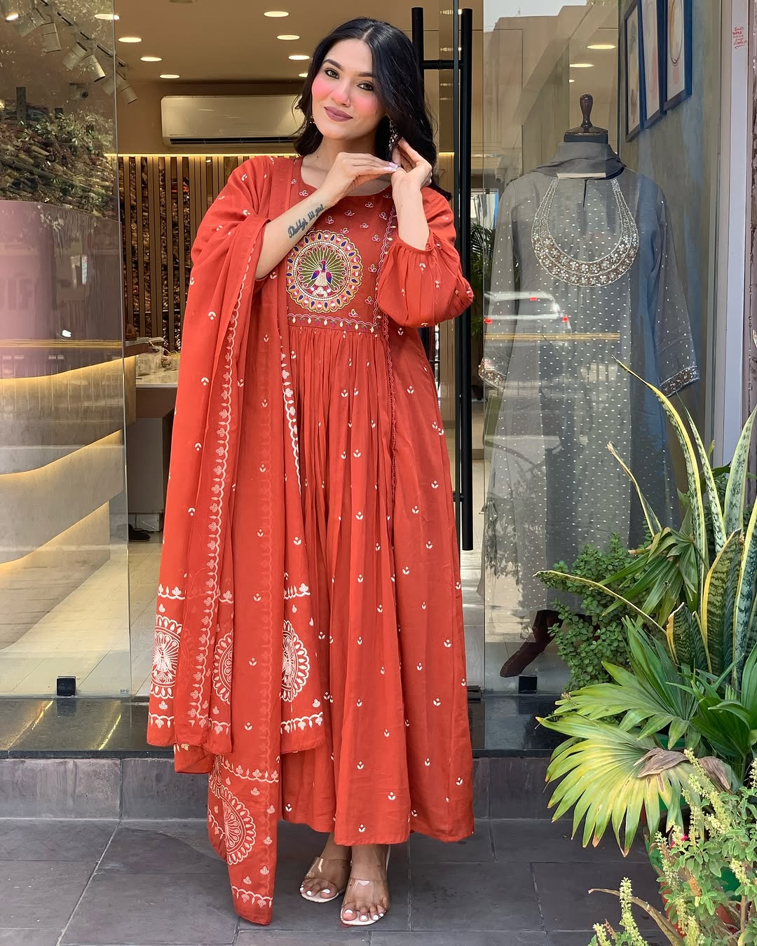 Vibrant Rust Anarkali Suit with Embroidered Dupatta