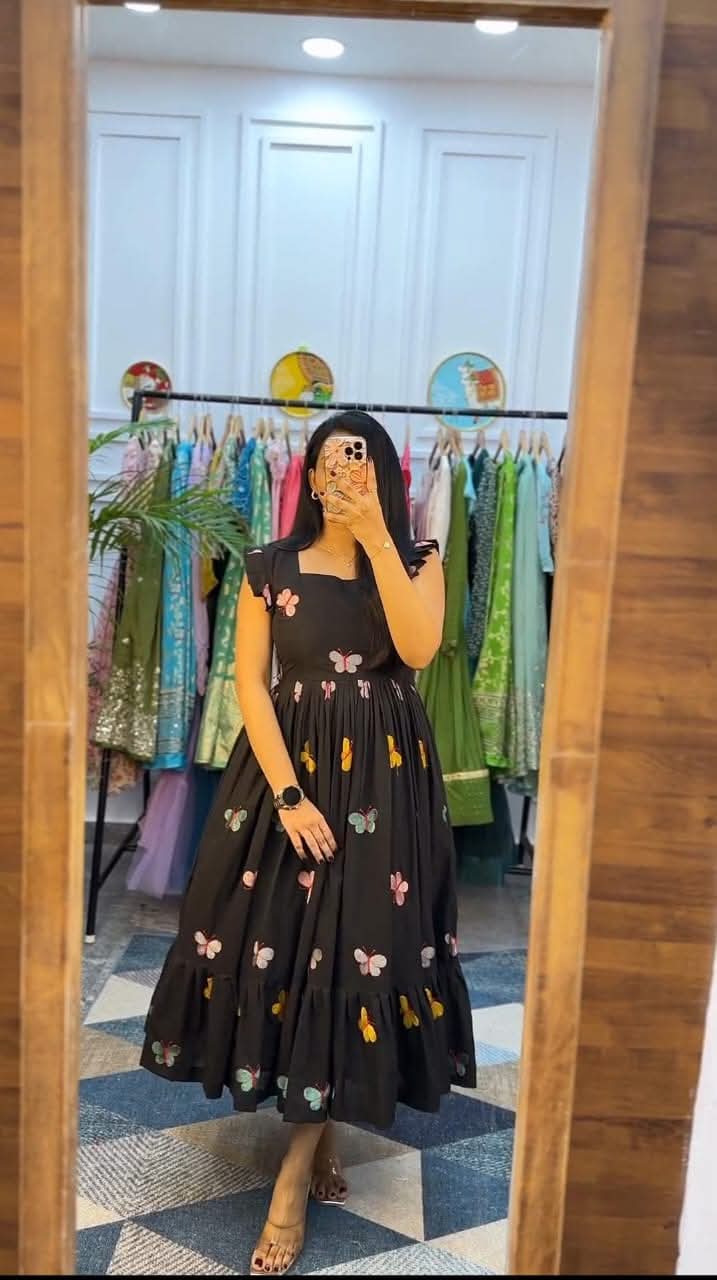 Soch Elegant Black Floral Printed Cotton Midi Dress for Women