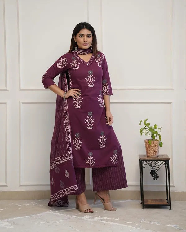 Beautiful Pure Cotton Straight Kurti And Palazzo With Dupatta For Women