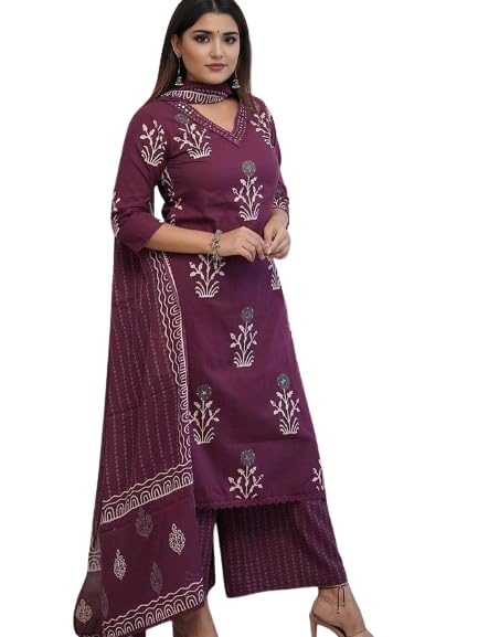 Beautiful Pure Cotton  Straight Kurti And Palazzo With Dupatta For Women