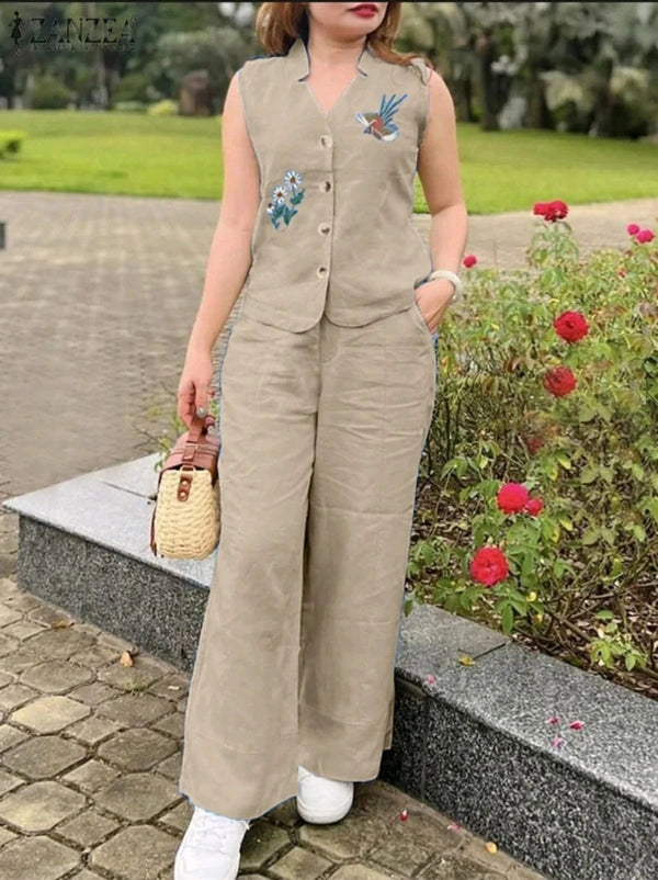 Women's Sleeveless Embroidered Linen Two-Piece Set