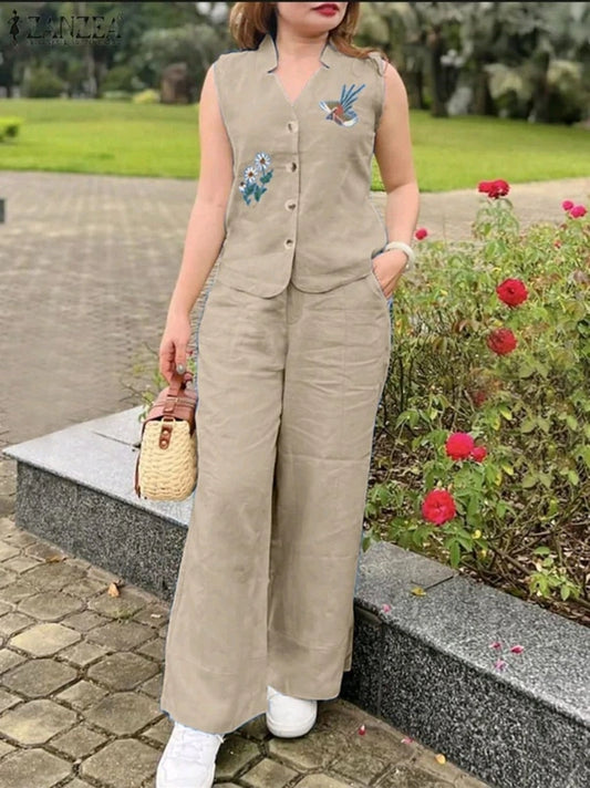 Women's Sleeveless Embroidered Linen Two-Piece Set