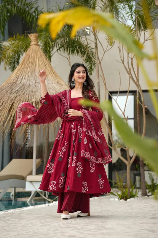 Anarkali Discharge Print cotton Kurta set