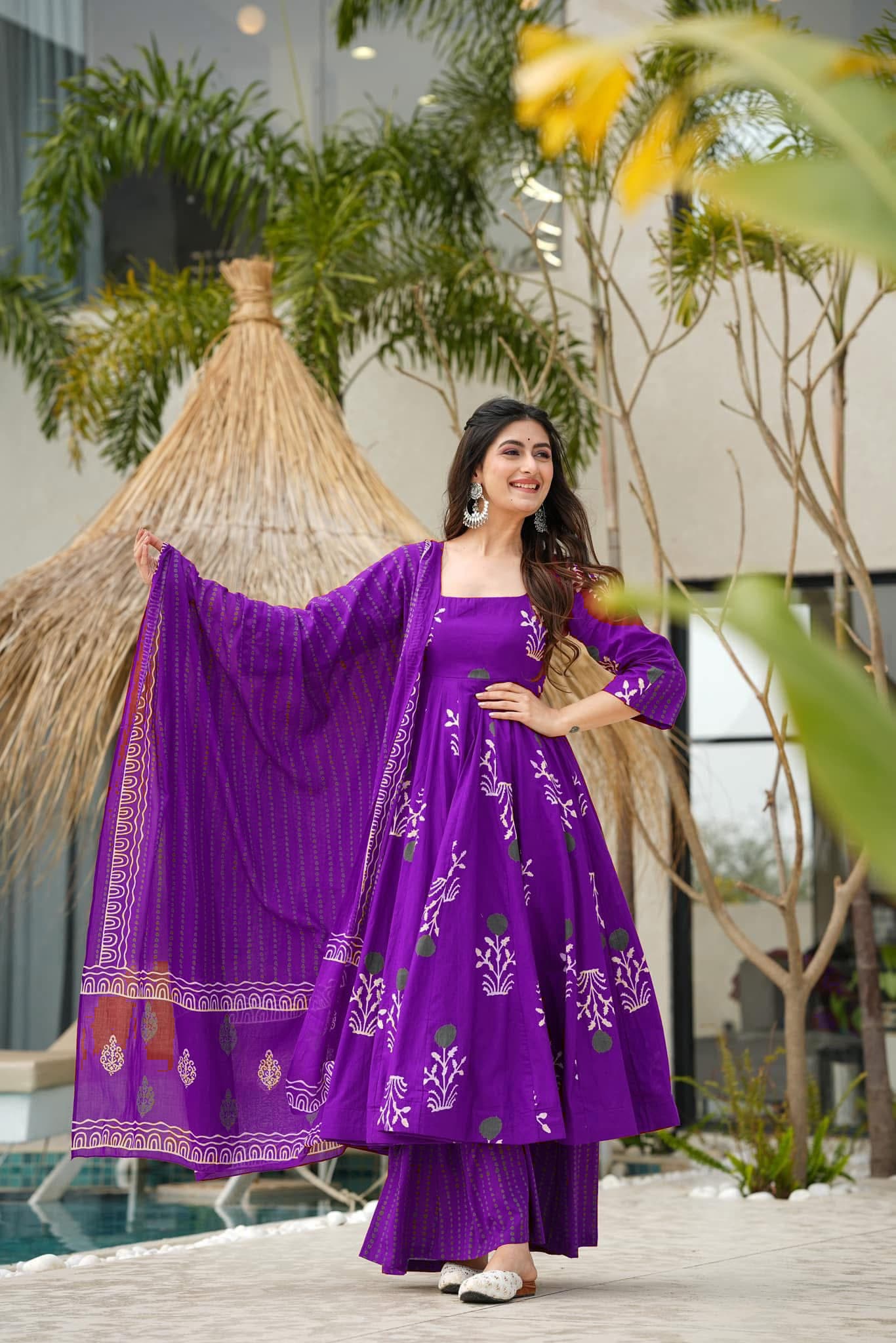 Anarkali Purple Discharge Print cotton Kurta set
