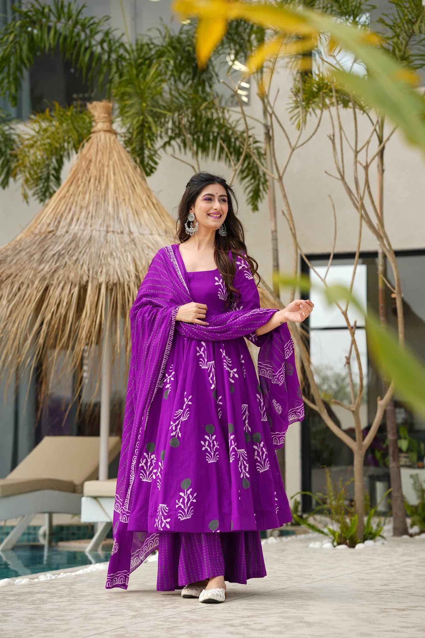 Anarkali Purple Discharge Print cotton Kurta set