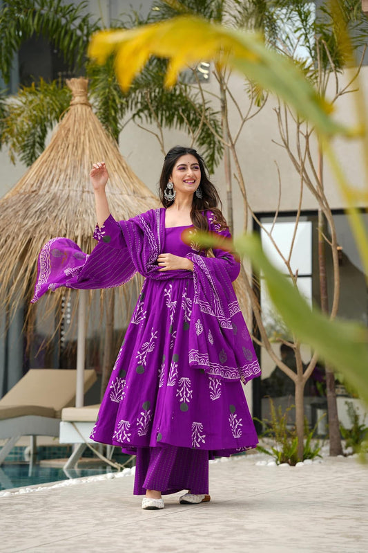 Anarkali Purple Discharge Print cotton Kurta set