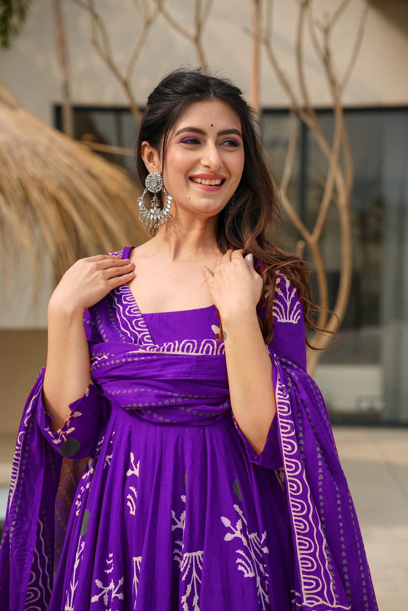 Anarkali Purple Discharge Print cotton Kurta set