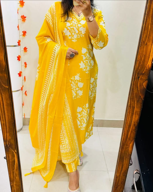 Radiant Yellow Ethnic Ensemble with White Floral Embroidery