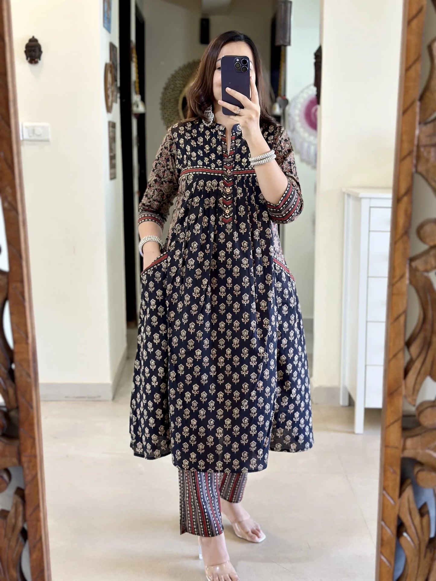 Elegant Black Handblock Printed Kurta Set