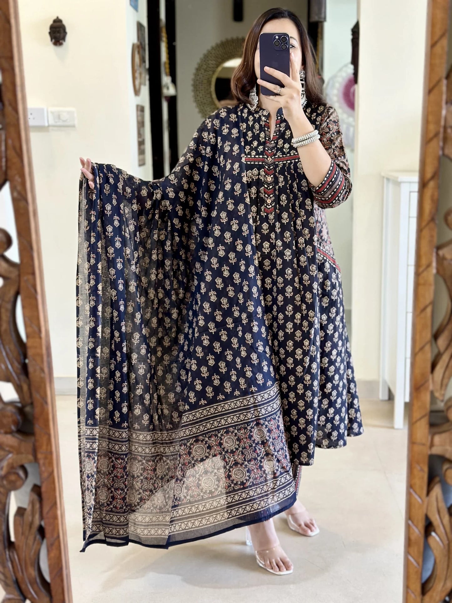 Elegant Black Handblock Printed Kurta Set