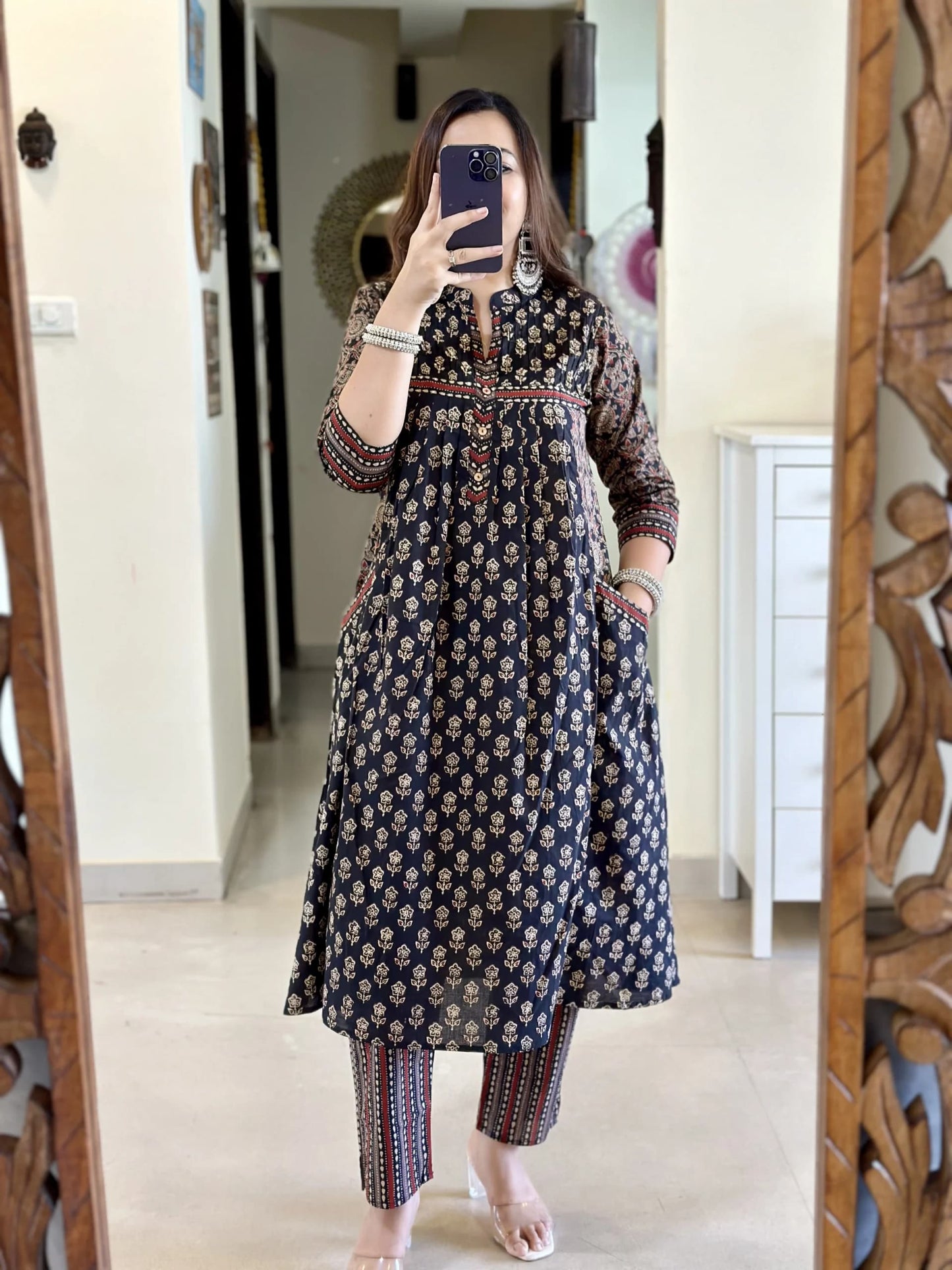 Elegant Black Handblock Printed Kurta Set