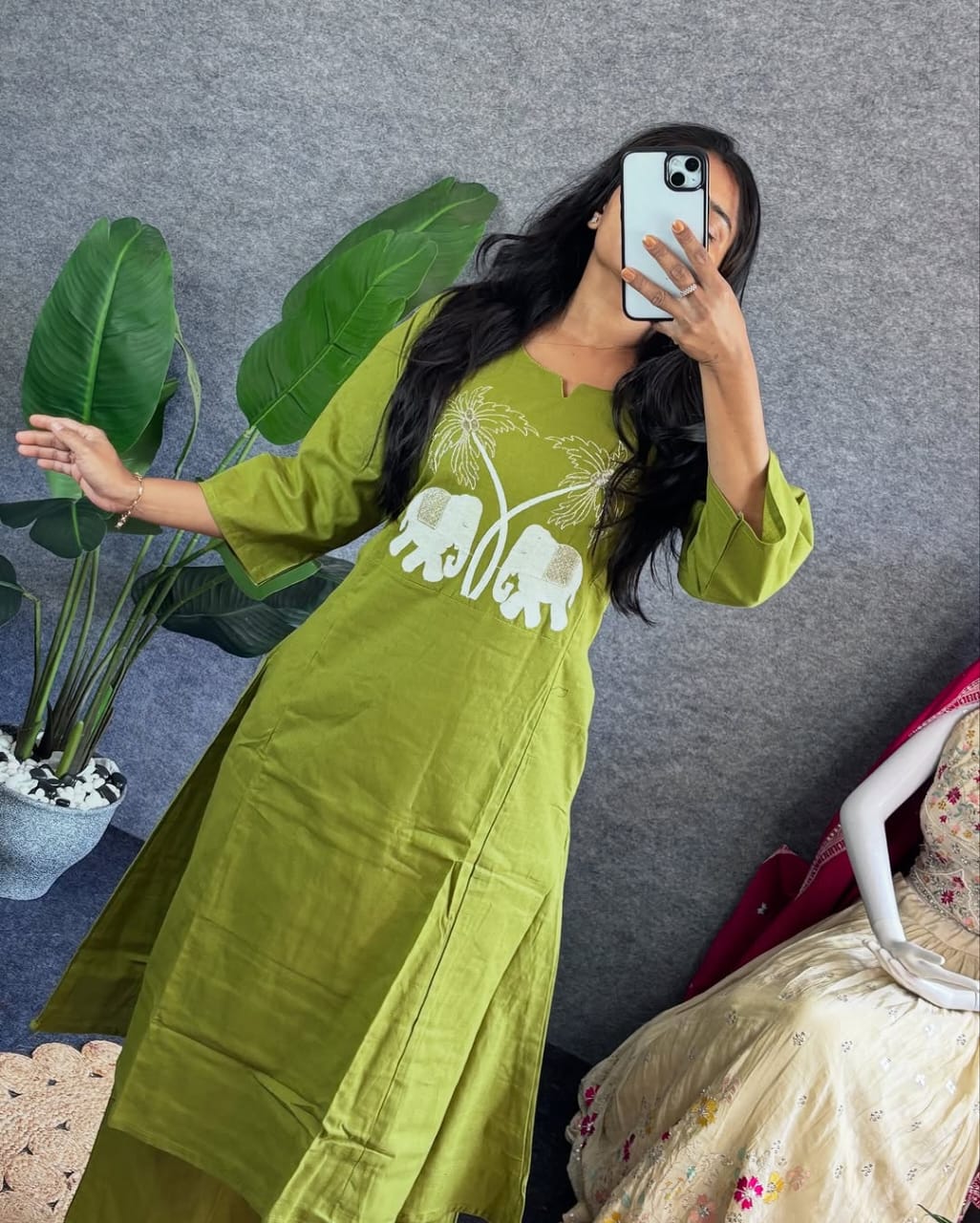 Fresh Olive Green Kurta with Elephant Embroidery