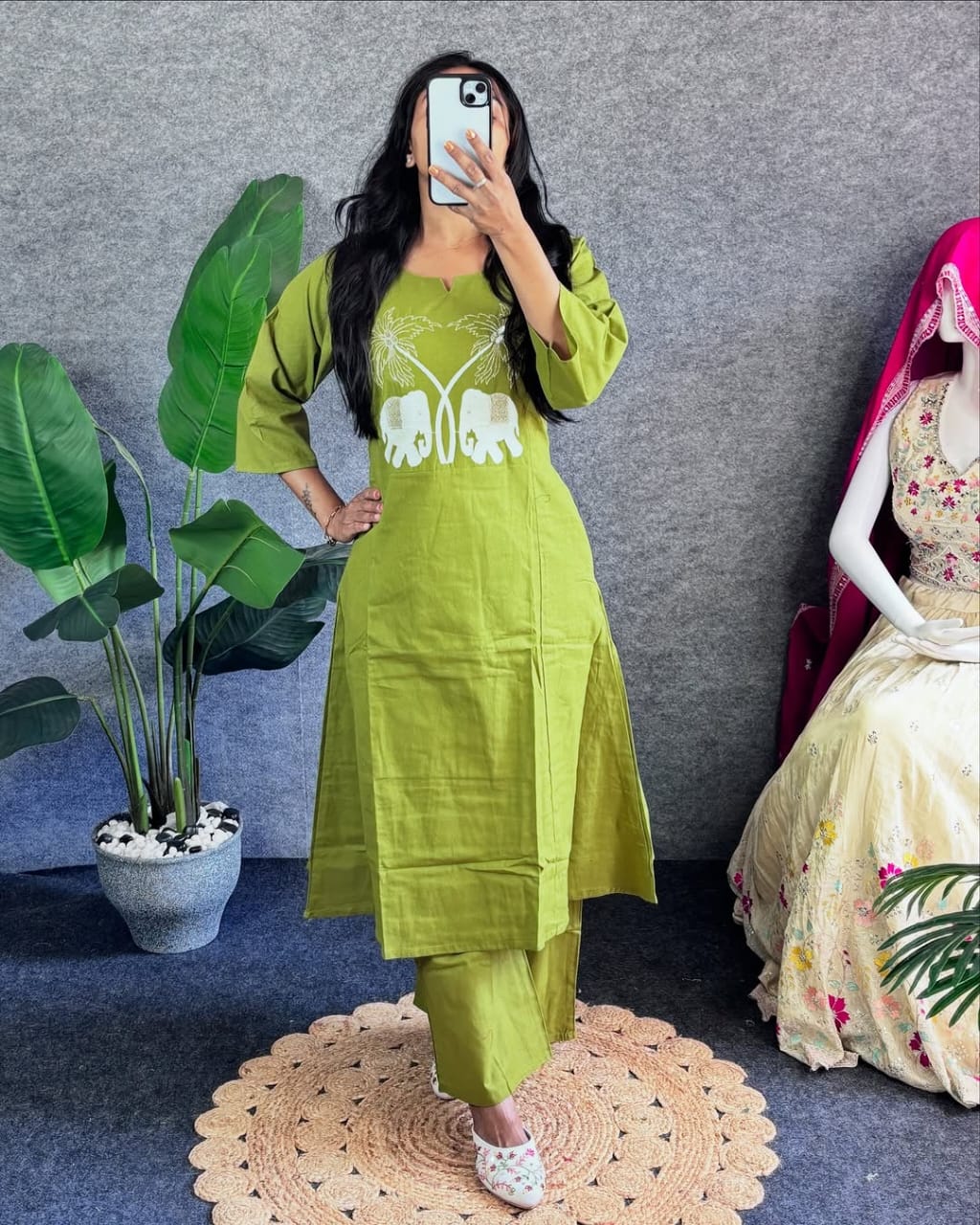 Fresh Olive Green Kurta with Elephant Embroidery