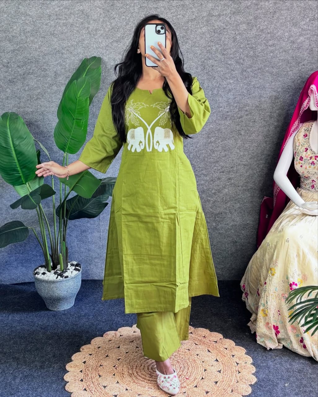 Fresh Olive Green Kurta with Elephant Embroidery