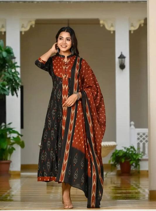 Elegant Black & Rust Ikat Print Anarkali Suit Set