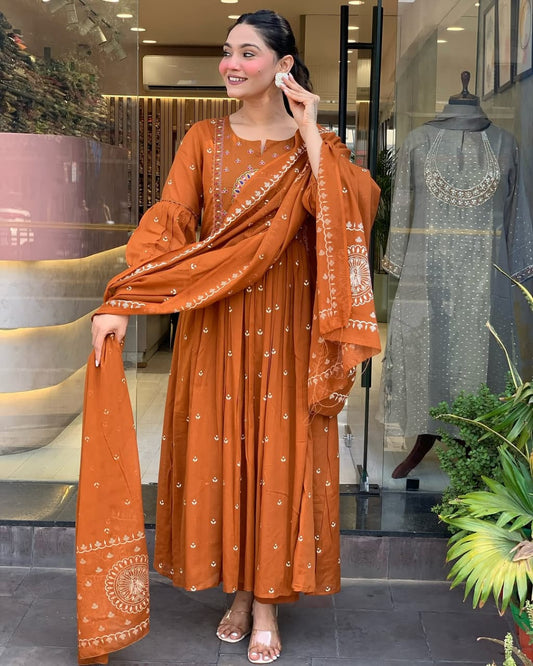 Elegant Rust Orange Anarkali Suit with Intricate Embroidery