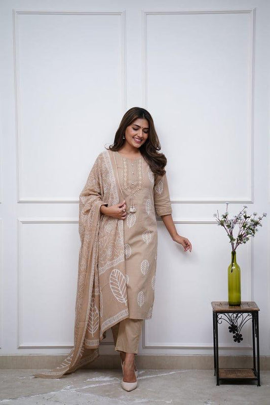 Soch Kurta Elegant Beige Embroidered Cotton Salwar Kameez Set